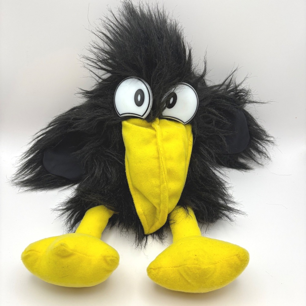 Vintage Black Crow Hand Puppet 90s Plush Bird Yellow Beak Faux‎ Fur No Squeaker